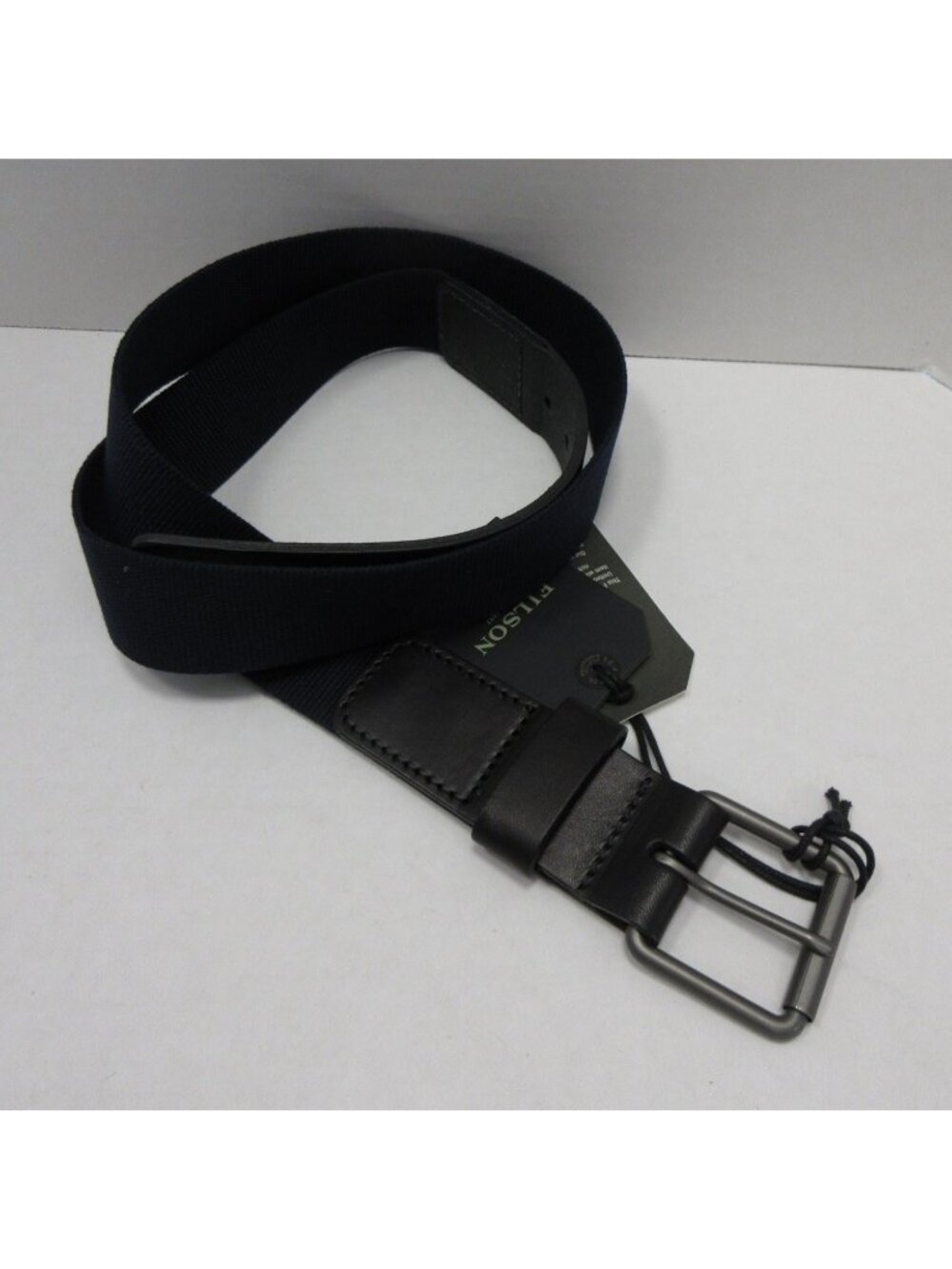Filson Belt XL Navy Webbing Canvas Leather Trim Buckle Made in USA NEW